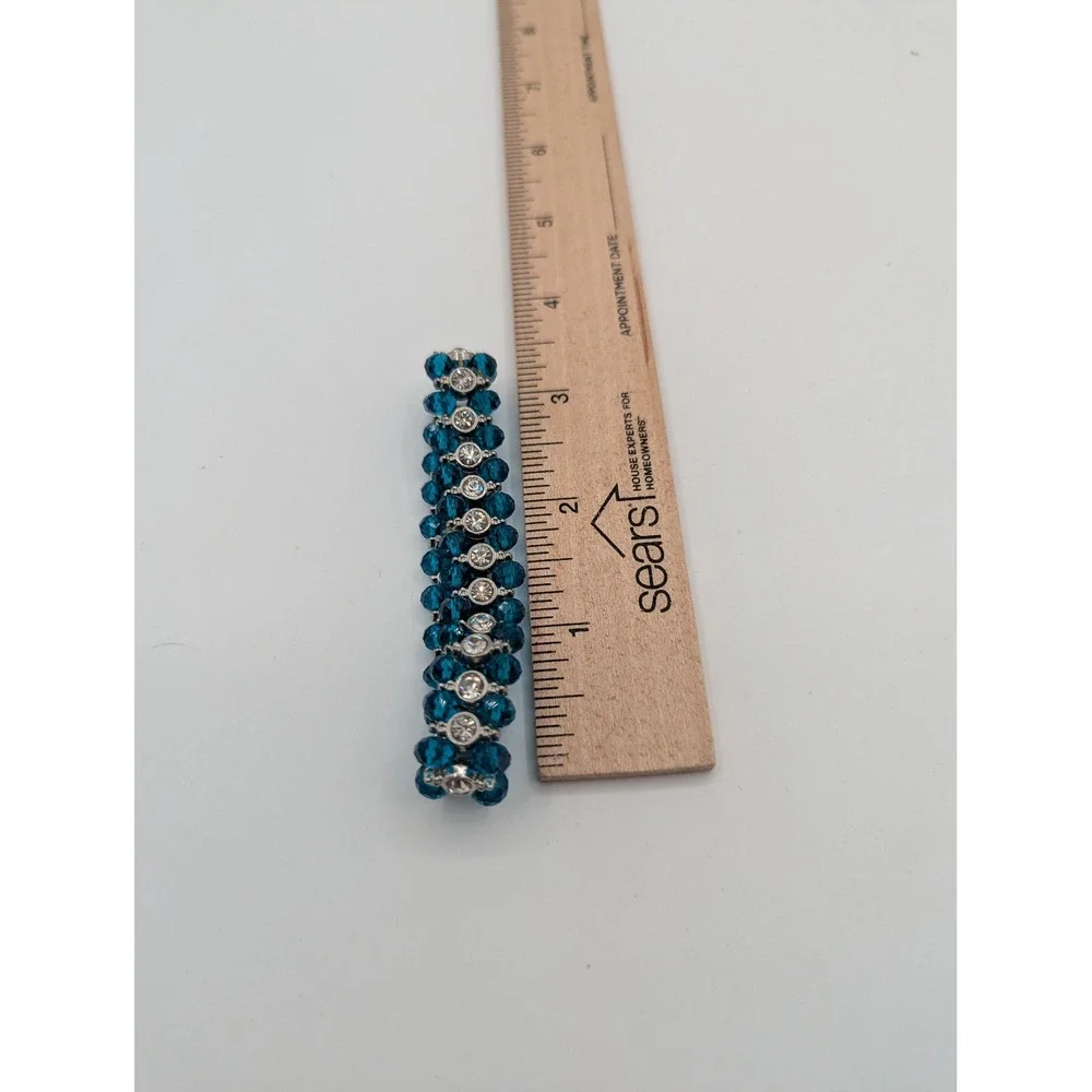Teal Blue Crystal Stretch Bracelet Silver Tone Rhinestone Beaded Statement 7in